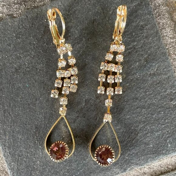 Dangling Goldtone Earrings With Clear and Brown Rhinestones by Jin Na La - Picture 5 of 6